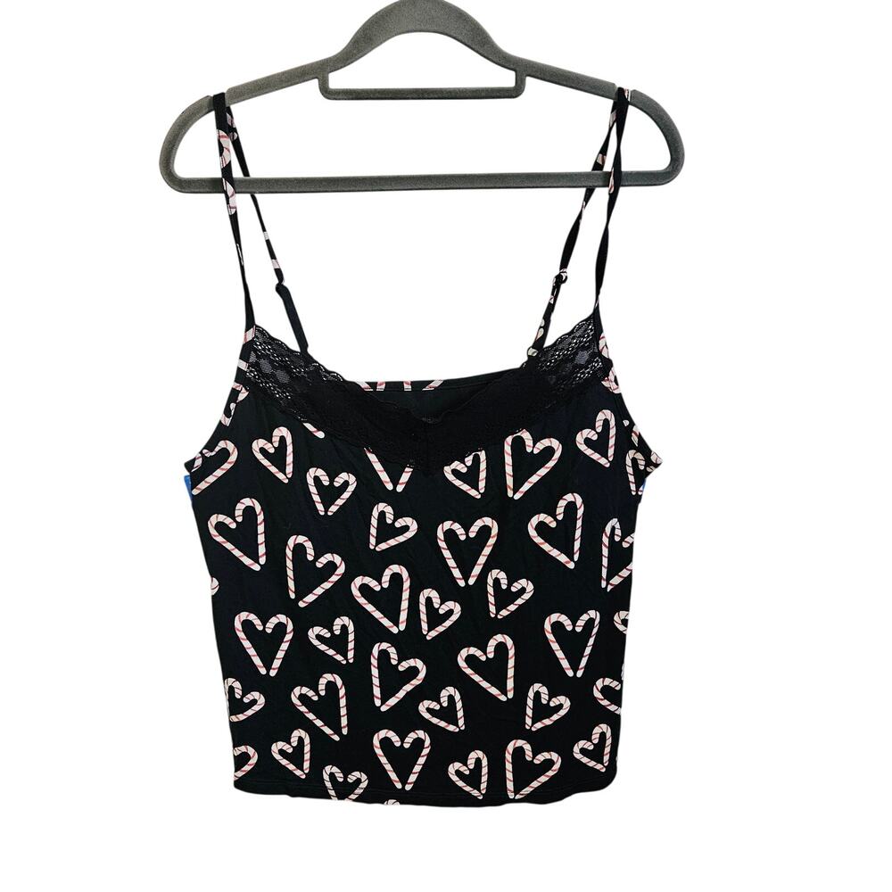 Me Undies Camisole Cami Tank Top Black Lace Trim White Heart Print Size XL